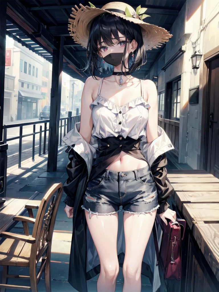absurdres, RAW photo, extremely delicate and beautiful, masterpiece, Best Quality, ultra high resolution, 32k, hyperrealistic, ultra-detailed, perfect figure, Perfect balance, in her 20s, very small head, very small face, delicate facial features, tearful mole, earring, very huge breasts, bare legs, full body shot, medium hair, black hair, colored inner hair, casual, blouse, white shirt, buttoned shirt, bare shoulders, collarbone, midriff, navel, shorts, straw hat,