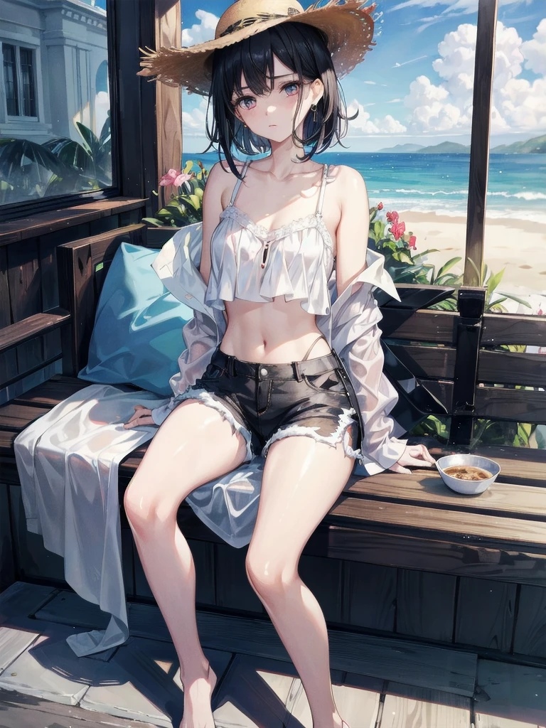 absurdres, RAW photo, extremely delicate and beautiful, masterpiece, Best Quality, ultra high resolution, 32k, hyperrealistic, ultra-detailed, perfect figure, Perfect balance, in her 20s, very small head, very small face, delicate facial features, tearful mole, earring, very huge breasts, bare legs, full body shot, medium hair, black hair, colored inner hair, casual, blouse, white shirt, buttoned shirt, bare shoulders, collarbone, midriff, navel, shorts, straw hat,