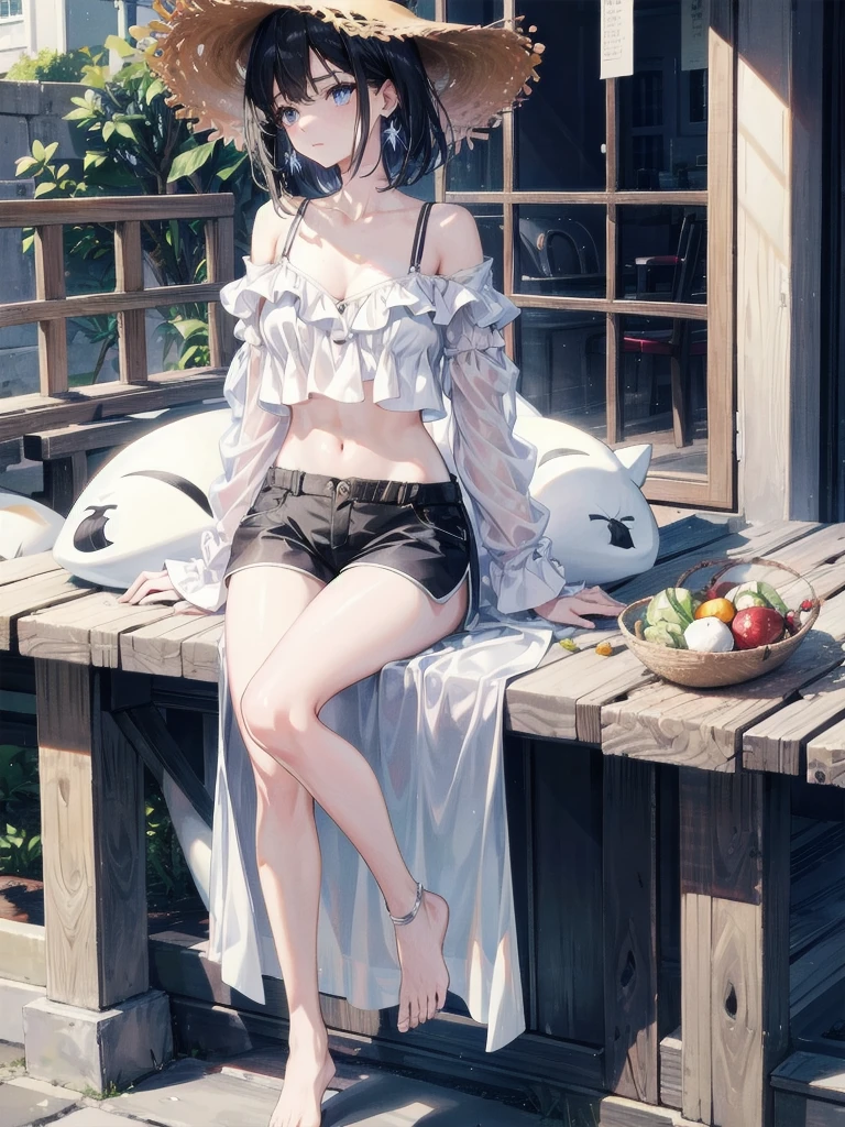 absurdres, RAW photo, extremely delicate and beautiful, masterpiece, Best Quality, ultra high resolution, 32k, hyperrealistic, ultra-detailed, perfect figure, Perfect Style, Perfect balance, in her 20s, very small head, very small face, delicate facial features, tearful mole, earring, very huge breasts, bare legs, full body shot, medium hair, black hair, colored inner hair, casual, blouse, white shirt, buttoned shirt, bare shoulders, collarbone, midriff, navel, shorts, straw hat,