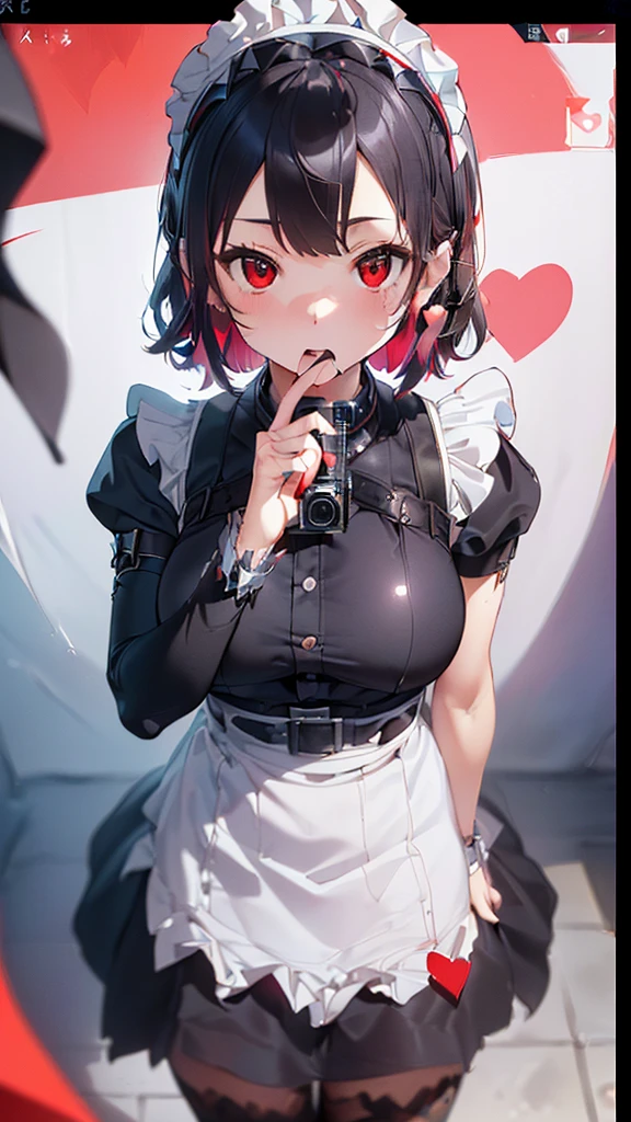 (((masterpiece,Highest Resolution,4K High Resolution,Crisp image quality:1.3)Pussy juice(Detailed Hair,garter belt,(Eyes are hearts)solo,一peopleの少女(Large Breasts)Ellen Joe，Zenless Zone Zero，Alternative costumes ,Maid, shark tail, short hair,,multicolored redhead,, Wrist cuff, Maidheaddress,multicolored redhead, (Red eyes:1.3),, Two-tone hair,, ear piercing,((Insert your dick into your)Sex videos with the opposite sex,Photographerが撮ってる描写,(((Photographer１people,Camera screen)))