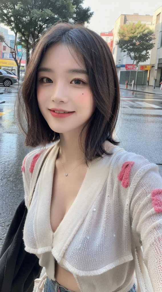 ((Best Quality, 8K, Masterpiece:1.3)), Focus:1.2, Perfect Body Beauty:1.4, Buttocks:1.2, ((Layered Haircut, Breasts:1.2)), (Wet Clothes:1.1) , (Rain, Street:1.3), Bandeau Dress: 1.1, Highly Detailed Face and Skin Texture, Fine Eyes, Double Eyelids, Whitening Skin, Long Hair, (Shut Up: 1.3), Smile, Pointillism Technique,
(vibrant dots):1.2,
optical mixing, playful patterns,
lively texture, rich colors,
unique visual effect