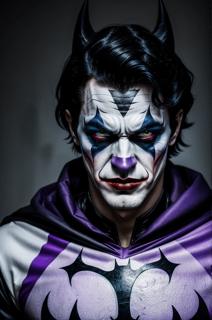 a batman villain,He is a boy with light skin and black hair wearing black and purple jester clothes.,His face is painted white and his eyes and mouth are made of very sinister black paint.,He is the son of Harley Quinn and the Joker 