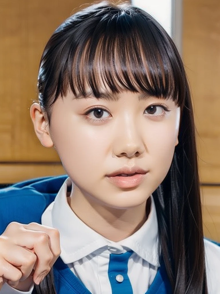 slender girl, (make up:1.1), (ニットセーター:1.2), small breasts, at school room, (upper body shot:1.1), cowboy shot