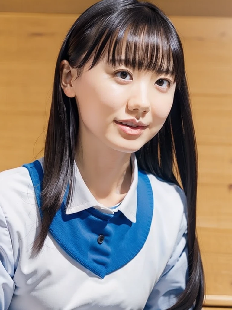 slender girl, (make up:1.1), (ニットセーター:1.2), small breasts, at school room, (upper body shot:1.1), cowboy shot