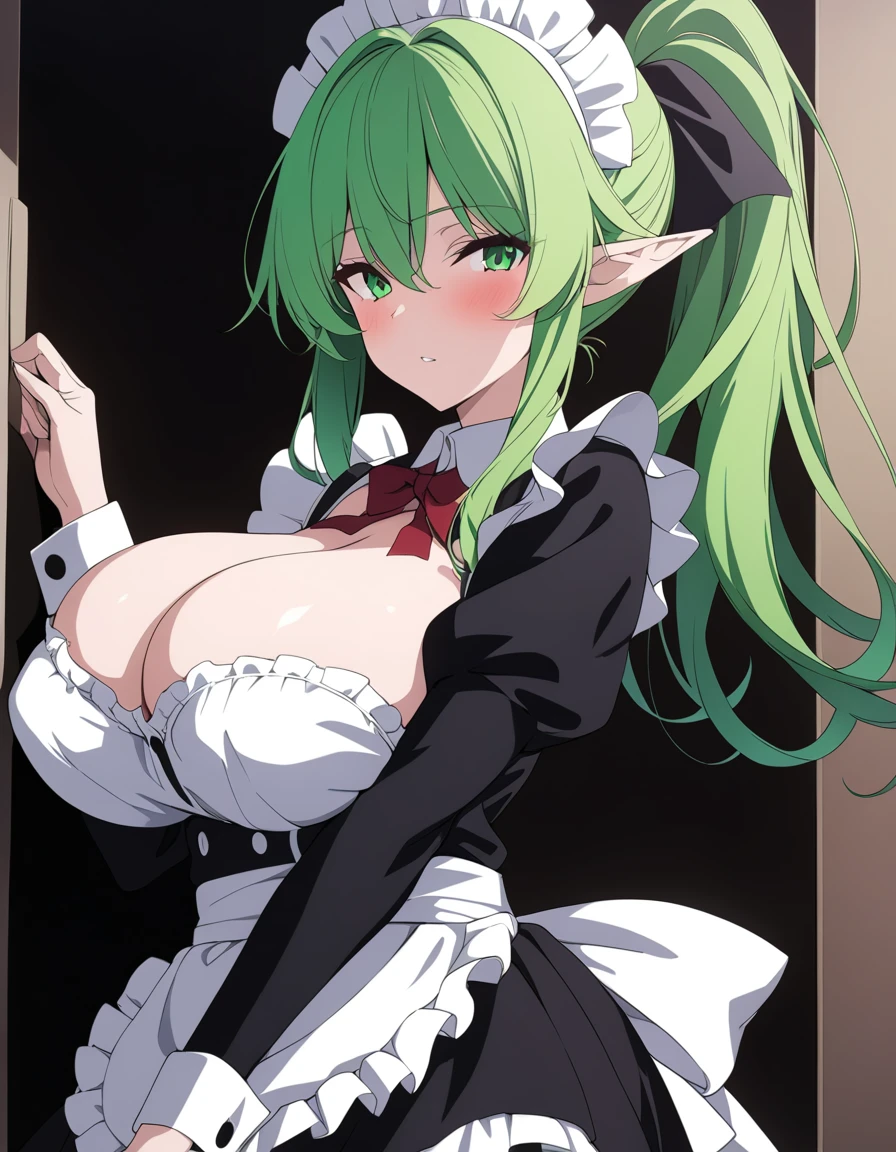 (masterpiece, high quality, High detail, 4K, RTTX 10.0, High resolution:1.2)、(最high quality:1.2, Very detailed, Anime Style, Digital Painting, Studio Anime, 超High resolution, High Contrast, masterpiece:1.2, 最high quality, Best aesthetics), 1 female, Long Hair, ponytail,Elf、Big Breasts、L Cup、Oppa、anime screencap,anime screenshot,high school student、Green Hair、Maid
