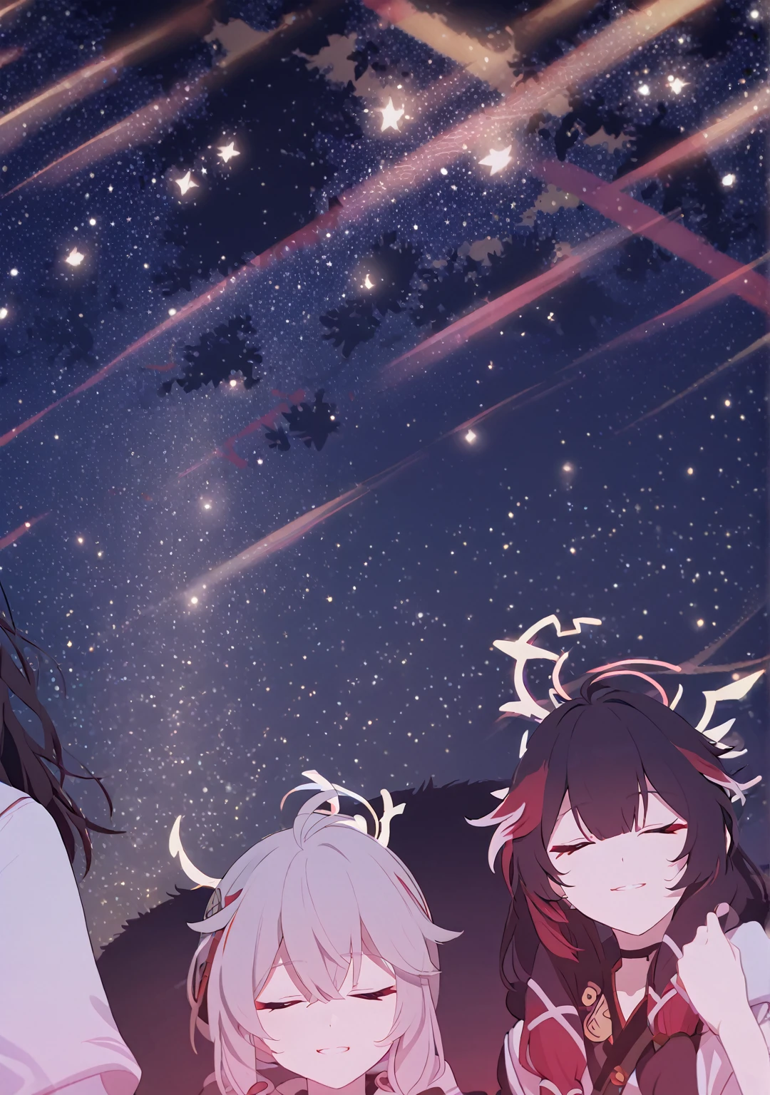 Man and woman couple, walking under the stars, at night, very close, 1 girl, Columbina, multicilor hair, black fur, with red outline, closed eyes, 1 chico, Kaedehara Kazuha,