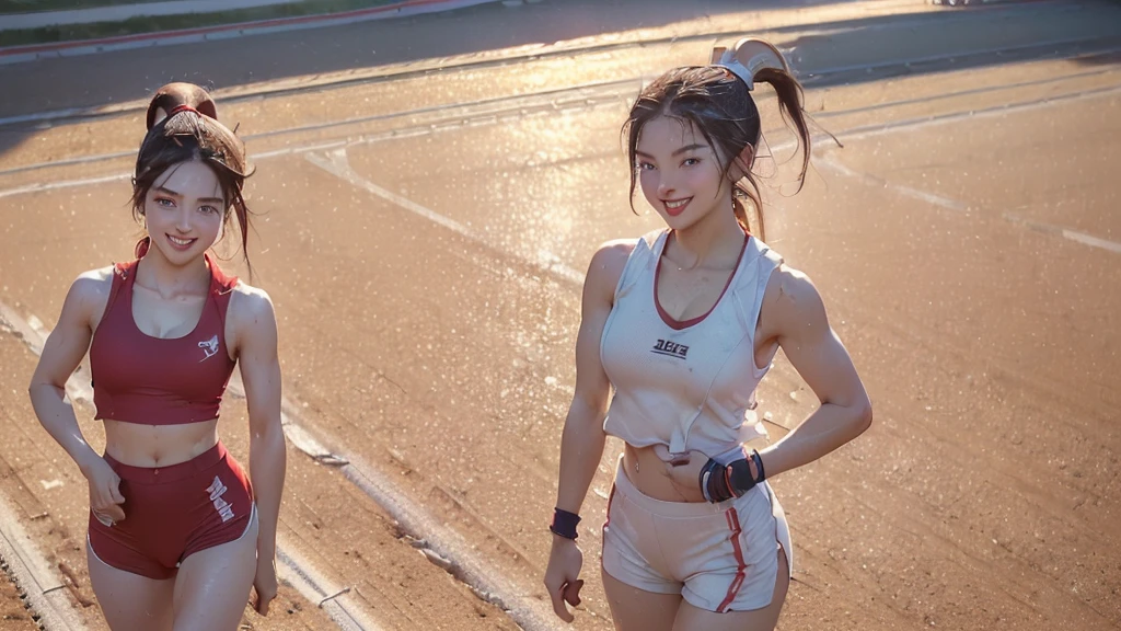 8K、RAW Photos、Highest quality、Super detailed、Super Resolution、Ultra HD、8K壁紙、Amazing details
((((((masterpiece, Best image quality, High resolution、alone、small 、Sleeveless track and field uniforms、Track and field athlete、High ponytail hairstyles、No good、Esbian all over、Laughter、smile、Shiny skin、Glowing Skin))、Sweaty face、Latina, Puberty, Sweaty、Red lipstick、Walk along the track of the athletic stadium、alone、On both hands and on the hips、I can see my belly button、((Thigh lift training))、((Run on the track))、(((Muscular body)))、((Sweaty uniform))、(((View the whole body)))))))((Eat cake、Drink coffee、smile))、Heart Necklace、Gold bracelet
(((Emphasize cleavage)))
