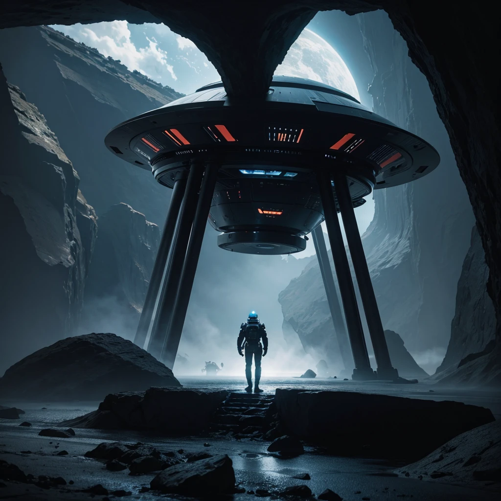 (Best Quality) Futuristic alien ship landing on a planet with dark color palette