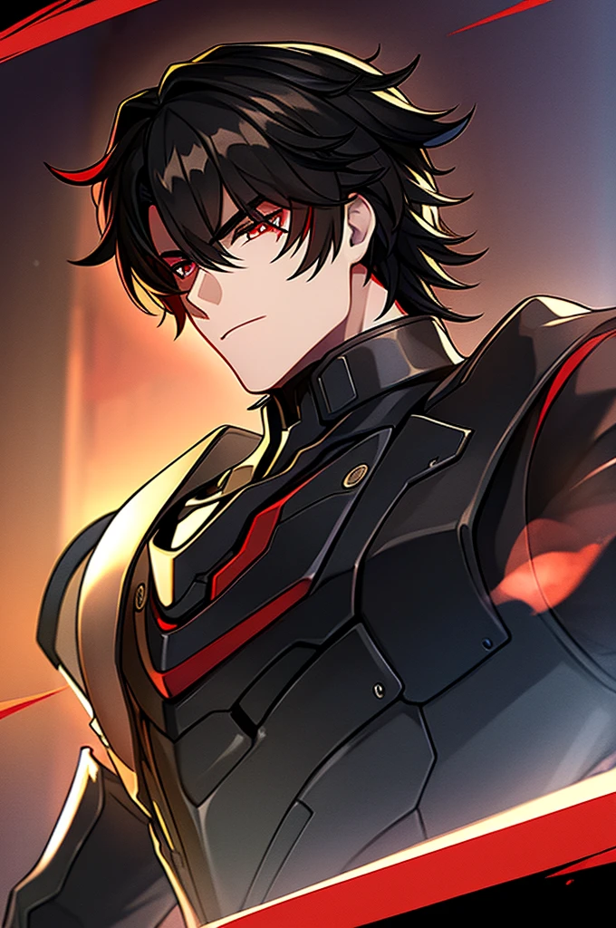 Man with black hair, dark eyes and black armor with red details with a black rose. With the face of a handsome man (detailed in Full HD 4K) 