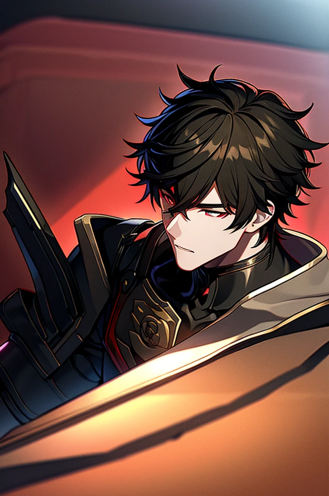 Man with black hair, dark eyes and black armor with red details with a black rose. With the face of a handsome man (detailed in Full HD 4K) 