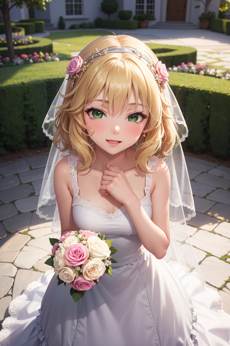 masterpiece,Highest quality, Very detailed,One Girl(Sakurai Momoka, Adorable little breasts, Wavy Hair, blonde, head band, Pink flower in hair,Green Eyes), A face in love,  Cute Smile, Release your lips, nose blush, blush, In-person audience , View your audience, Tilt your head, alone,  White Wedding Dress, Frills, Veil,  Grab a bouquet,  in the garden, Are standing, Seduce your sexy waist 