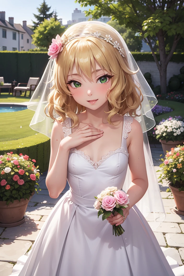 masterpiece,Highest quality, Very detailed,One Girl(Sakurai Momoka, Adorable little breasts, Wavy Hair, blonde, head band, Pink flower in hair,Green Eyes), A face in love,  Cute Smile, Release your lips, nose blush, blush, In-person audience , View your audience, Tilt your head, alone,  White Wedding Dress, Frills, Veil,  Grab a bouquet,  in the garden, Are standing, Seduce your sexy waist 