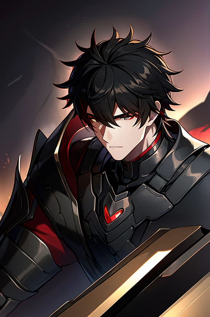 Man with black hair, dark eyes and black armor with red details with a black rose. With the face of a handsome man (detailed in Full HD 4K) 