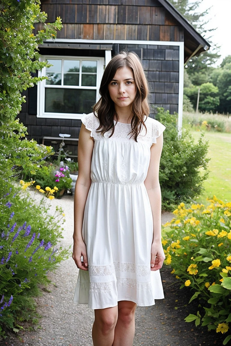 Realistic photography, A beautiful woman with light delicately filtering through her hair, her summer dress is beautiful and she's standing in front of a cottage