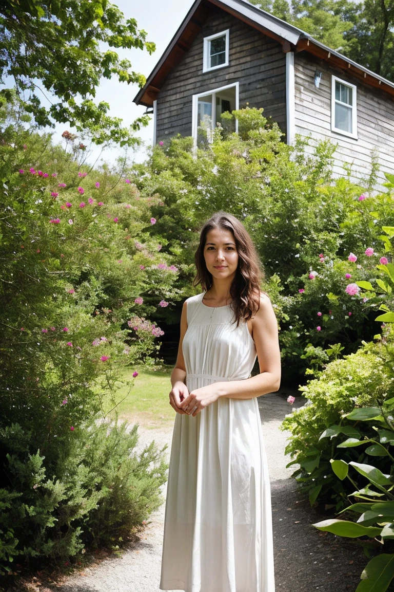 Realistic photography, A beautiful woman with light delicately filtering through her hair, her summer dress is beautiful and she's standing in front of a cottage
