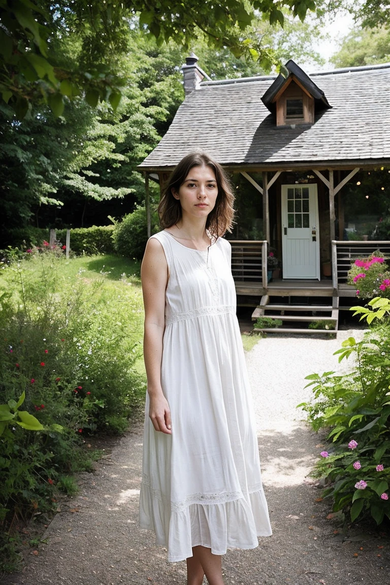 Realistic photography, A beautiful woman with light delicately filtering through her hair, her summer dress is beautiful and she's standing in front of a cottage