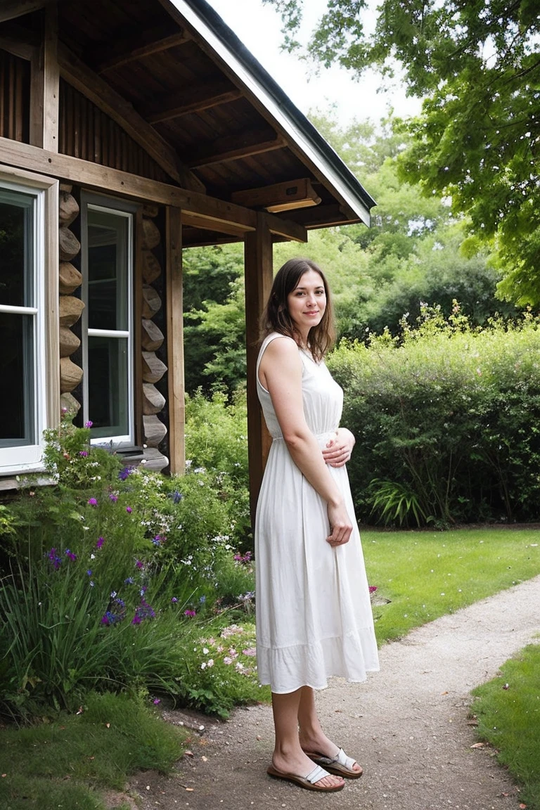 Realistic photography, A beautiful woman with light delicately filtering through her hair, her summer dress is beautiful and she's standing in front of a cottage