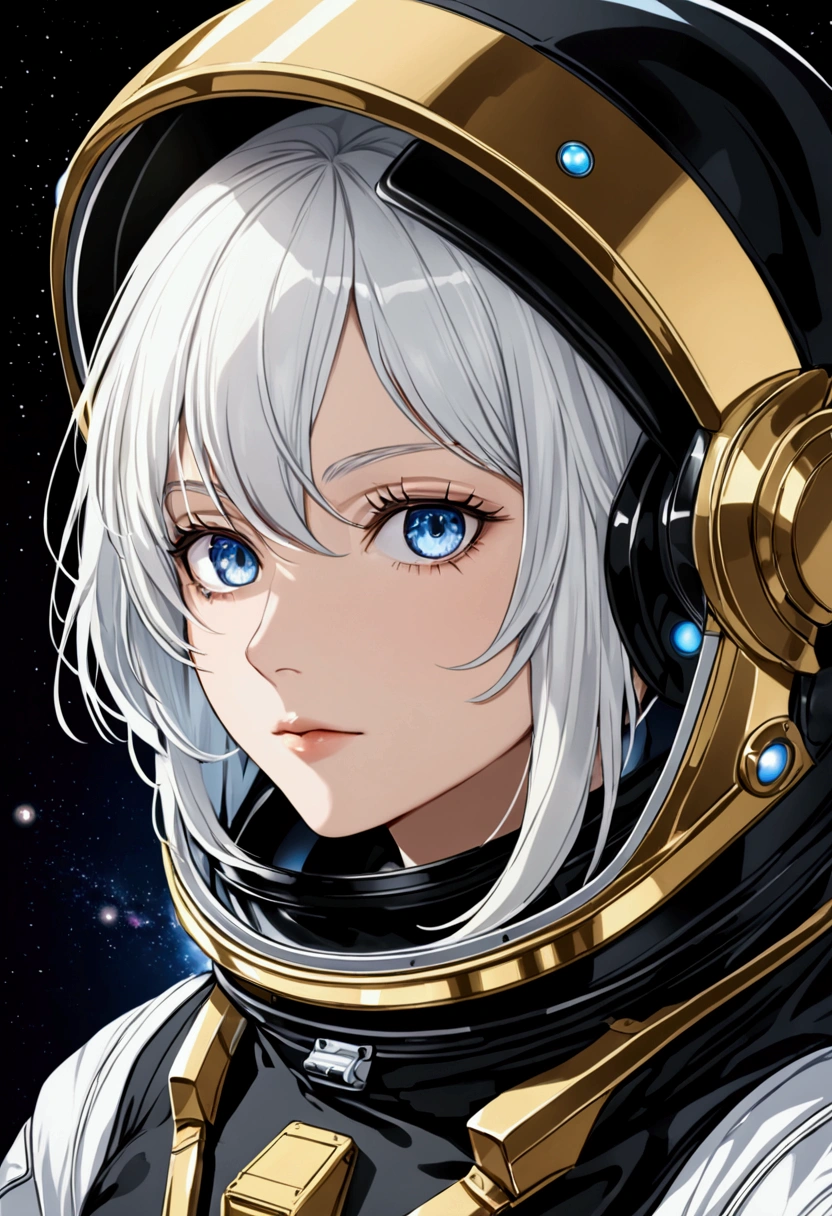 Woman with ,golden white hair,Blue eyes,,,black spacesuit