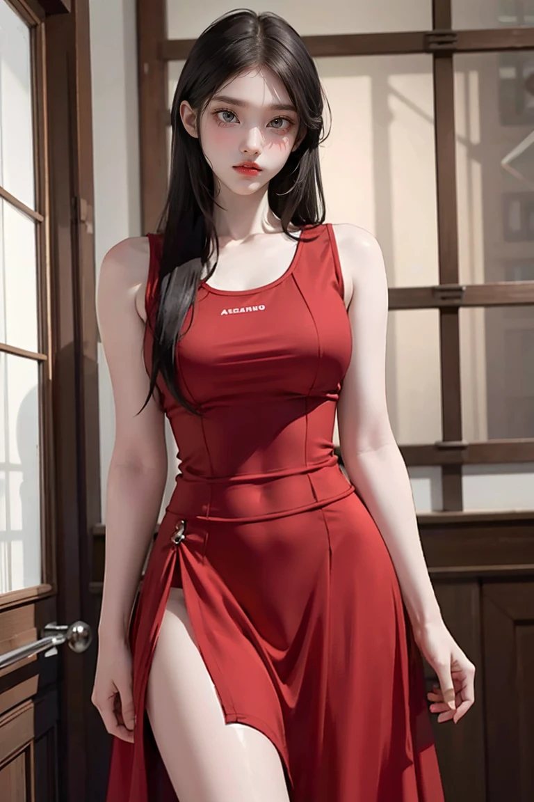 NSFW:0.9, girl, Black Hair, (1980s Style), ((Red sleeveless dress)), Big Breasts,Long Hair, (Browsing Caution:1.0),Tall Supermodels、Long-legged supermodel、supermodel,((Highest quality、Best image quality、Ultra-high resolution、Ultra-high resolutionで描画、Very beautiful adult Nordic woman、Strong eye highlights))
