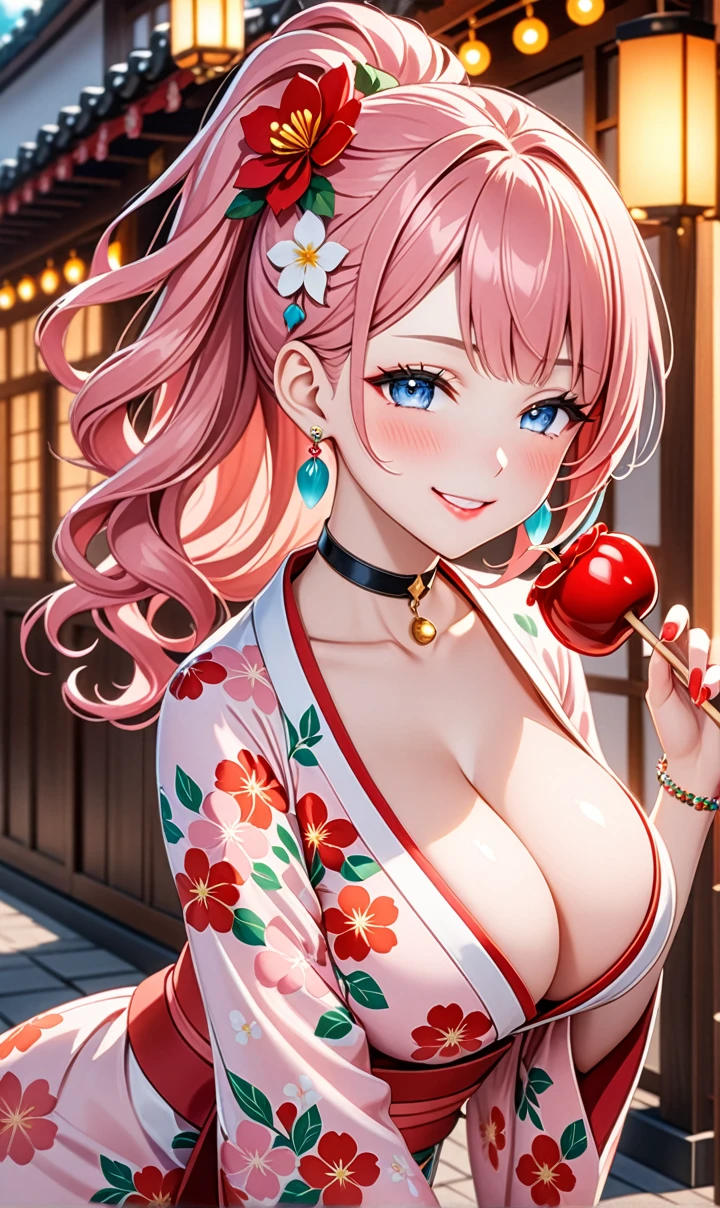 Super detailed, ((One personの少女)), (Pale skin:1.4), Pastel colored gal, (Heavy makeup), (Professional Lighting) Super detailed, Absurd, 8K, Beautiful Face, (Laugh shyly), ((Teasing Smile:1.8)), ((Wink:1.7)), (Laugh with your mouth wide open),((Tilt your face:1.6)), View your audience, ((Bright red cheeks:1.6)),Glossy Red Lips, ((Big Breasts:1.6)), ((Take off:1.2)), noon, Shrine festival sexpensives, ((Eat candy apple sticks)), ((Anime style background)),masterpiece, Highest quality, so beautiful,up to date, Complex details, (Pink long nails), (nail art), (ring),(bracelet), (Floral Choker),AI-generated, Complex,High resolution, Highest quality, super high quality,3D Images、3D Images,One person,Pastel pink long hair,(High Ponytail), (Wavy Hair:1.3), Pastel colored anime woman posing for a photo, ((fine grain、blue eyes、Glowing Eyes:1.4)), (Squint your eyes:1.1), (one eye closed:1.4), a hyperRealistic , hyperRealistic , Realistic,Anime woman with long pastel pink hair, Smooth anime CG art, A girl wearing a gorgeous kimono in pastel colors, ((Pastel-colored furisode)),(Pink large floral pattern), (Side bust), Long flower hair ornament,Floral Earrings, Mature Body, expensive,Tight waist,((From the side)), ((Leaning forward:1.2)),