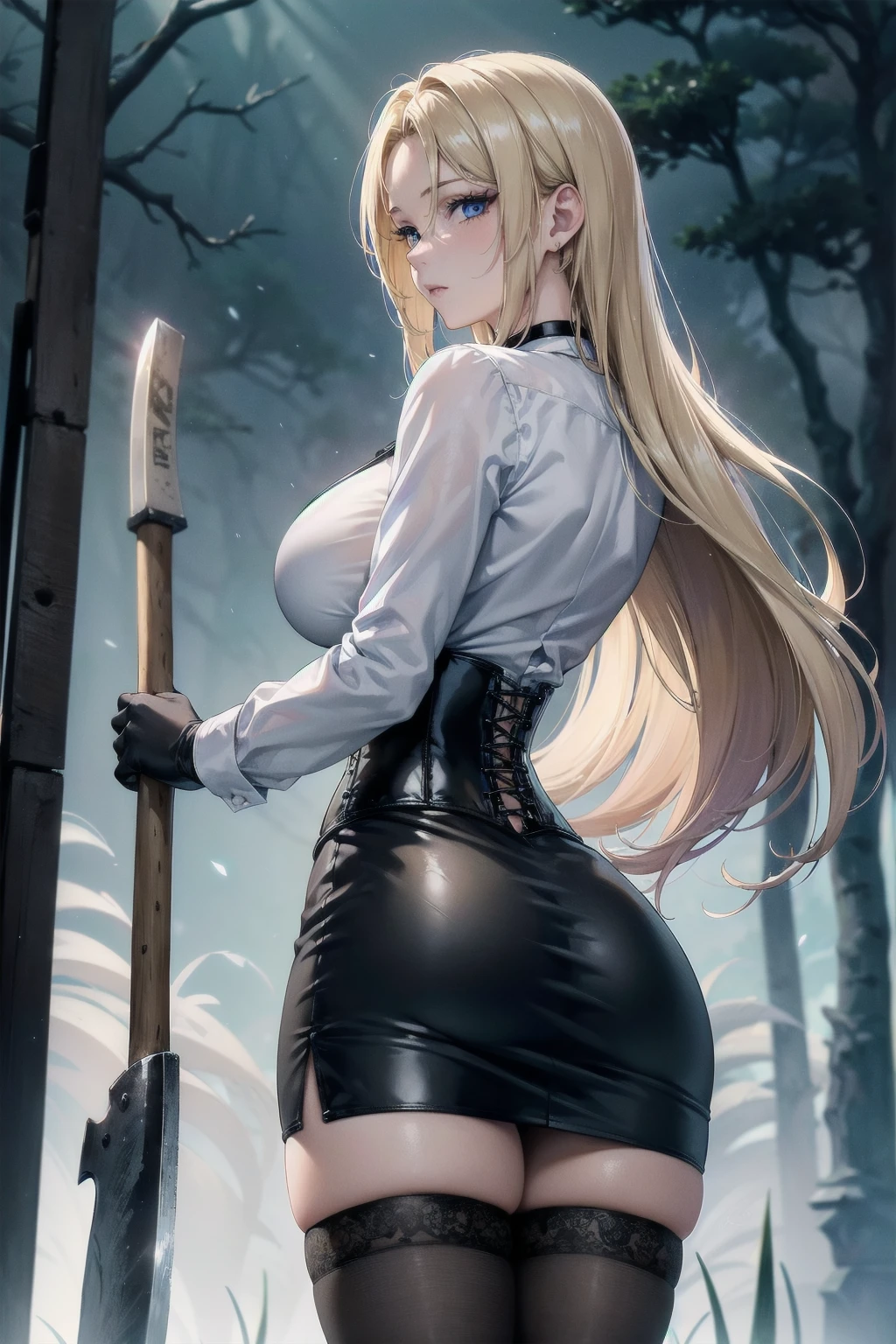  Masterpiece, Superior image quality, high resolution, 4k image,photo and gross, photorealistic, whole body, 1 young man of 15 years, {{{}}}, view , perfect , , beautiful face, Long blonde hair, blue eyes, very detailed eyes, pink cheeks, shy expression, choker:1.6, (white collar button down long sleeve shirt), black gloves, gloves that cover hands, (holding an ax in the right hand), (black leather corset), (shiny black miniskirt), Sensual Lips, show details in the eyes, View from the front, looking at the viewer, dark forest path, evening, Atmosphere, fog