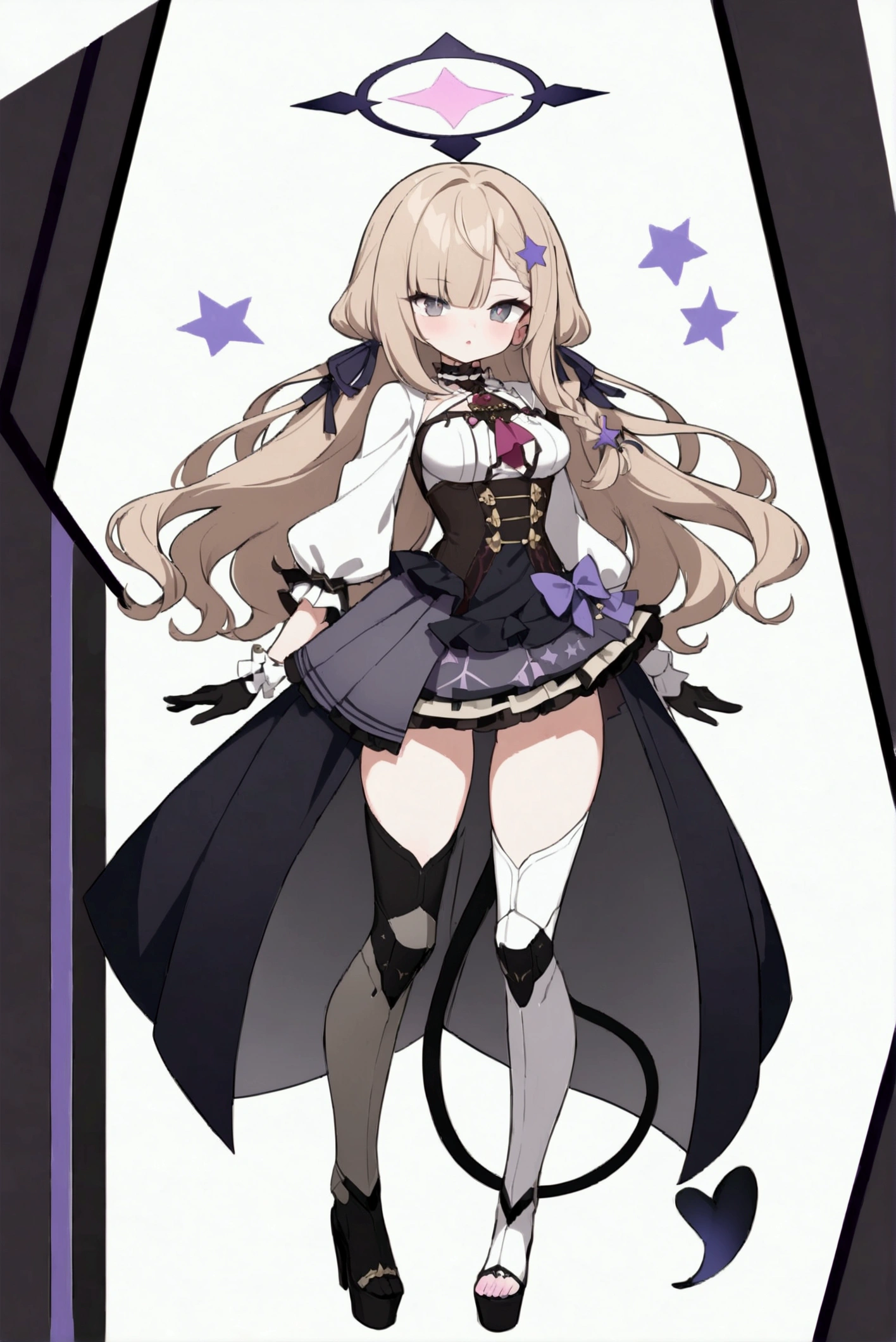 woman 170 cm tall. medium chest, wide hip, slim build, ((whole body)). (((character design sheet: front view))). (dark blonde hair, (hip-length wavy hair with asymmetrical bangs, star hairpin), (She has a short braid tied with an elegant purple ribbon on the left side of her hair above her chest). (She has a short braid tied with an elegant purple ribbon on the right side of her hair above her chest). She has small hair ties in the back of her hair..). ((Gray eyes with a pink 4-pointed star in the pupil)). Two black and purple serval ears located on the top of the head. (Luminous black halo with purple star patterns above his head). He has a black collar with a heart emblem on his neck.. (Elegant long one piece dress, thigh-length lace and ruffle skirt, ribbon decorations and star patterns on the dress). black gloves, beautiful black platform heels. gray belt at the waist with a large ribbon with a luminous pink heart in the middle. (It has a beautiful succubus tail that ends in a small purple star at the tip..). ((It has complex mecha legs that reach up to the thighs and are black with small purple details..)). beautiful detailed hair, beautiful detailed dress. extremely detailed arms. extremely detailed face, small face, Beautiful detailed eyes, beautiful detailed lips. adorable. extremely detailed legs. (Best Quality, 4k, high resolution), ultra detailed, Exquisite and epic character art, ((White background)). (Focus on symmetry).