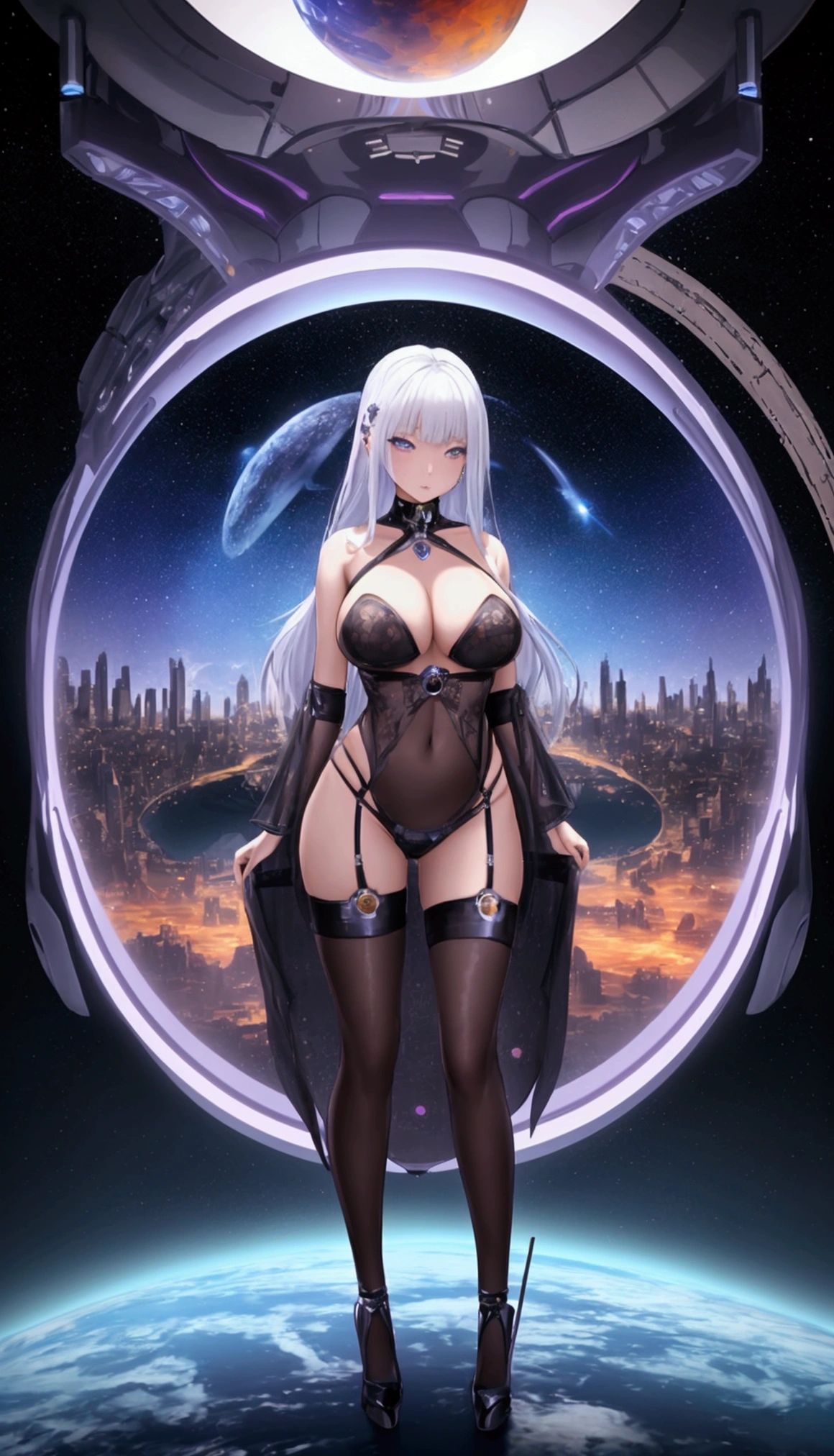 , sexy lingerie, there is a woman standing in front of a painting of a planet, futuristic city in background, psytrance artwork, interconnected human lifeforms, panoramic view of girl, progressive rock album cover, dream of the endless, star dust, galaxy, stoner rock --ar 16:9 --v 5.1