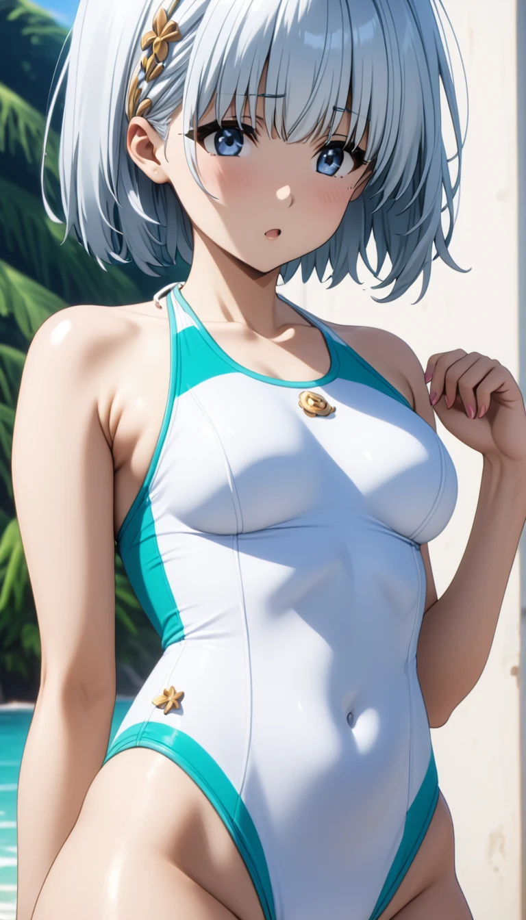 (Masterpiece、Highest quality、Very detailed、4K)、One Woman、************、Silver Hair、short hair、(((beta)))、chest、Beautiful arms、Beautiful thighs、(((Swimwear)))