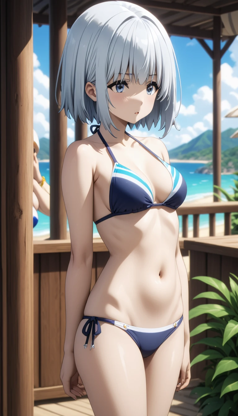 (Masterpiece、Highest quality、Very detailed、4K)、One Woman、************、Silver Hair、short hair、(((beta)))、chest、Beautiful arms、Beautiful thighs、(((Swimwear)))