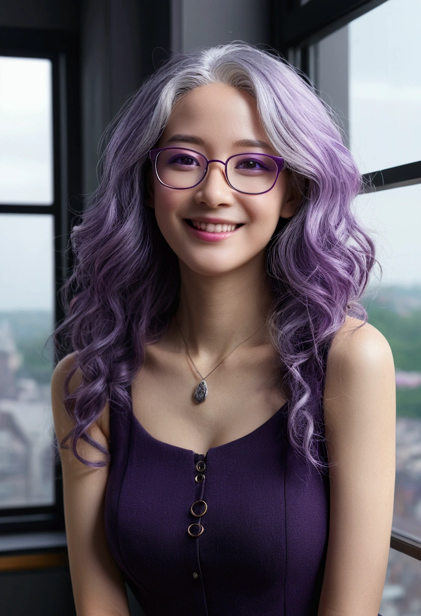 Shearer, alone, Glasses, purple hair, Purple Eyes, Long gray hair, Smile, Windows, Shoulder, Hourglass figure, ((Purple Sundrestremely the finest quality)), ((masterpiece)), ((4K)), 底框Glasses