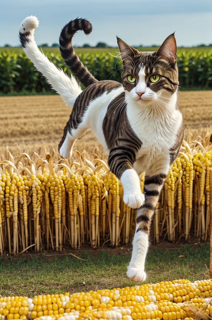 The image features a cat that has been transformed into a corn on the cob. The cat is depicted running through a field of corn.