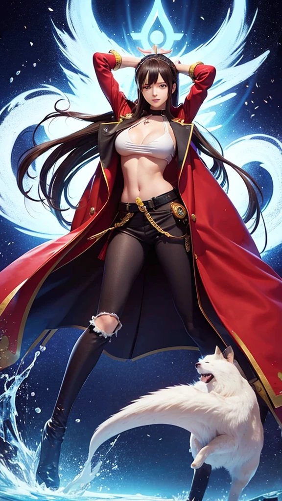 Yamato character from one piece manga, high details, pretty face, beauty face, full body, cool pose, dark background.