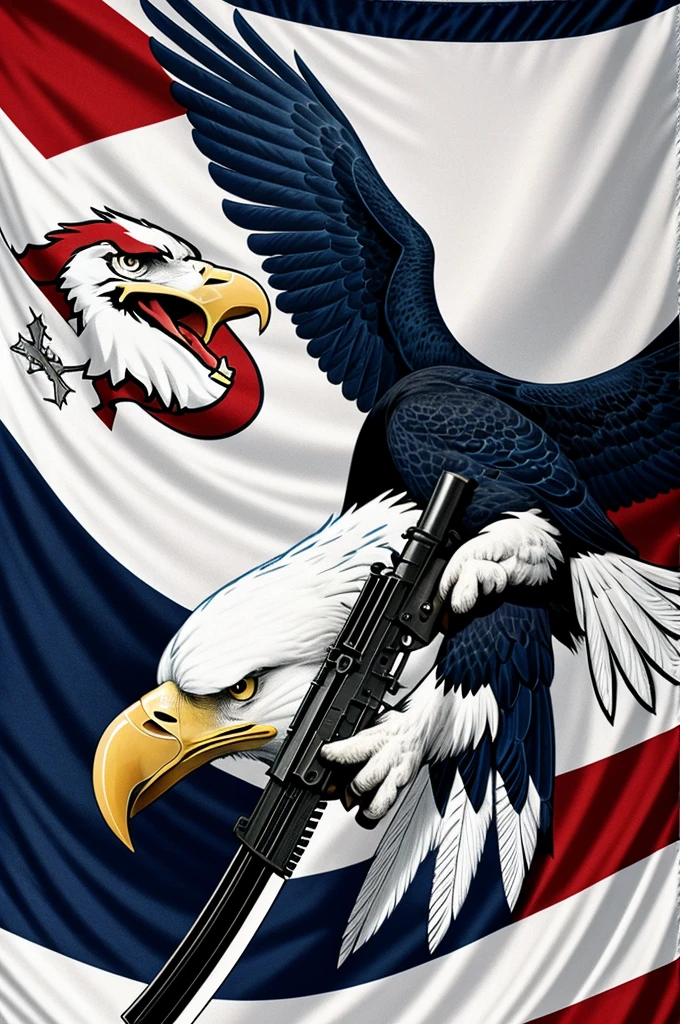 Flag where top and bottom is dark blue and middle is white in the center of a eagle holding a ak 47
