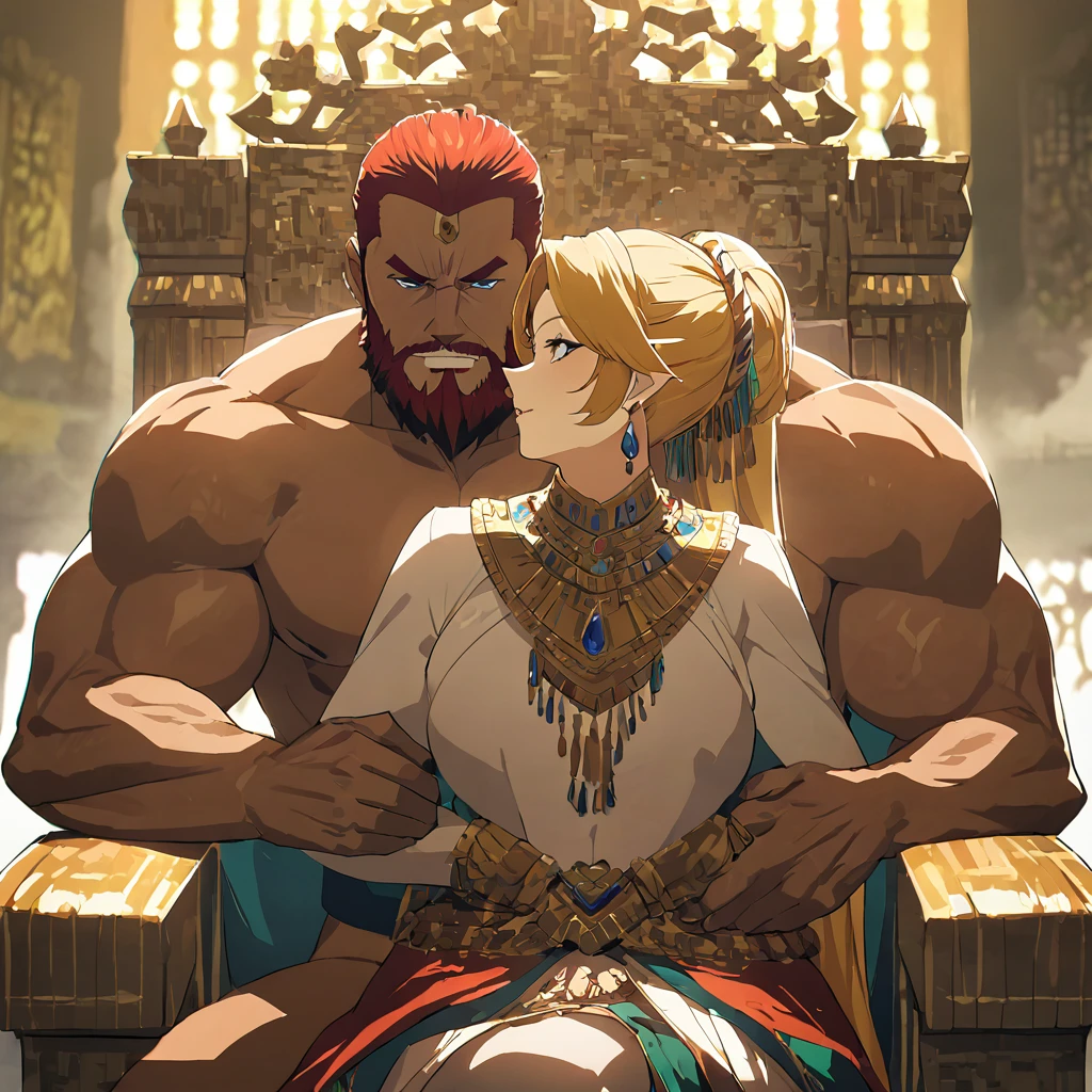 ((Highest quality)), ((masterpiece)), (detailed), (Perfect Face)、The woman is Queen Zelda of the Gerudo tribe, blonde with blue eyes.、The man is a dignified, middle-aged, bearded, muscular man with red hair and dark skin, King Ganondorf, the king of the Gerudo tribe, and is dressed in the luxurious and barbaric national dress of the Gerudo king.、A man and woman are embracing and kissing on the luxurious throne of the Gerudo royal family.、A queen and a king in love、The woman is wearing the traditional Gerudo costume.