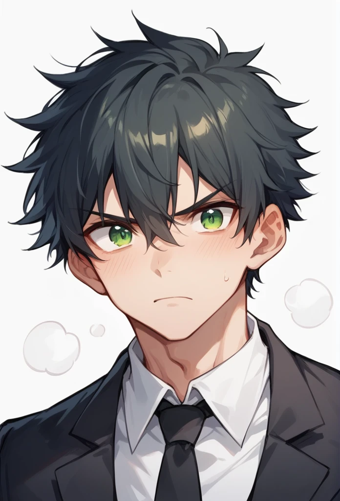 A young man, with intimidating appearance but very sexy, with slanted dark green eyes, he has marked circles under his eyes and an empty, dark look., His hair is black in layers that reaches the nape of his neck., It has a very marked jaw and muscular body., The man wears a black suit with gloves of the same color.