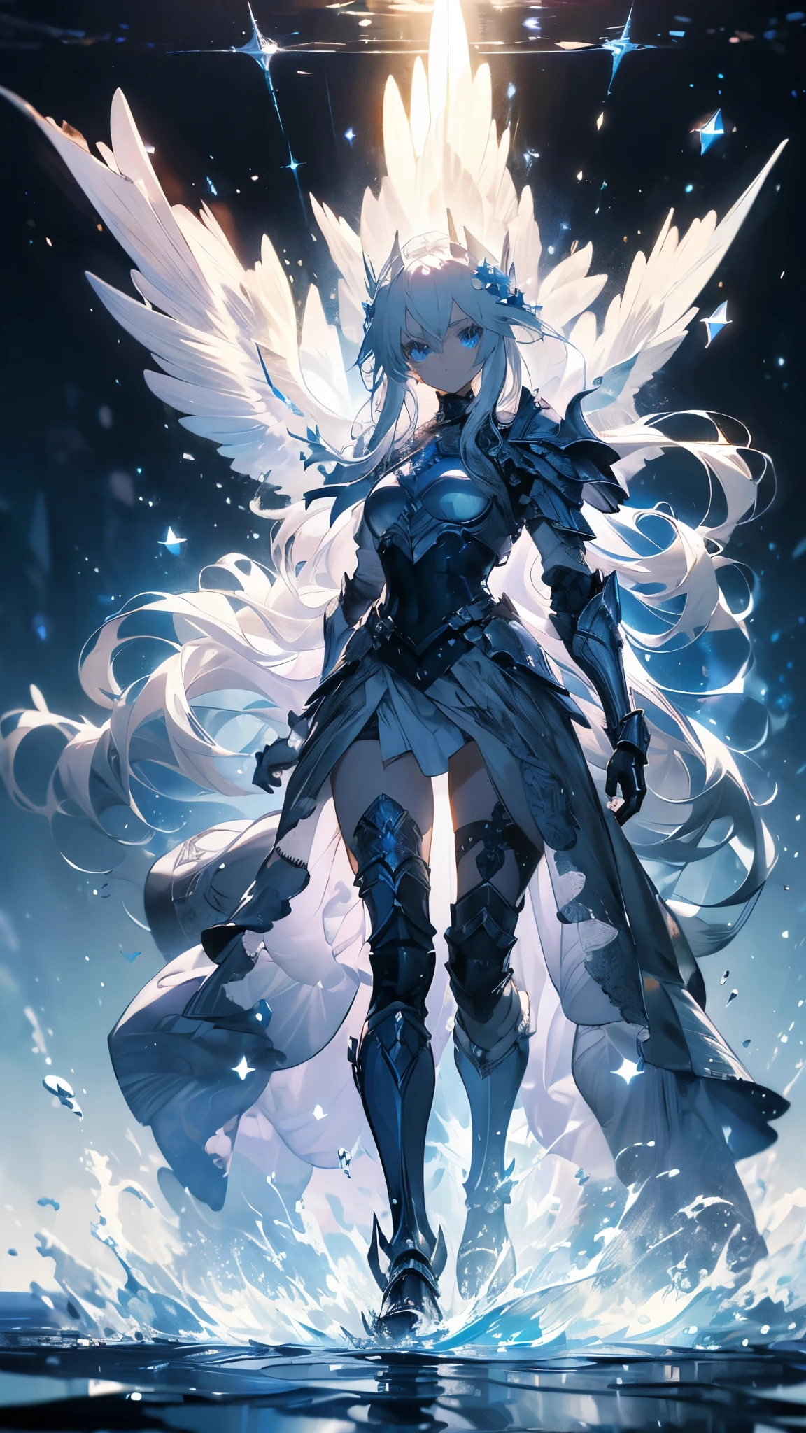 ((masterpiece, best quality)), Epic battlefield atmosphere,Water Ripples,Delicate face,Depicts a beautiful knight with long hair, Flowing white hair,whole body,Standing picture,Shining blue eyes,She was wearing white armor,Perfect body proportions