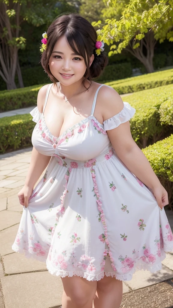 A beautiful and hot almost chubby woman.who is wearing a patterned short dress and is and standing in the park. A smiling face、sexy wn、A radiant smile、adorable、race、Frills、Colorful design、Full-length mirror、An inviting gaze、Gorgeous long and beautiful hairstyle、variation Hairstyle、Open neck blouse、Flower Garden、Sparkling