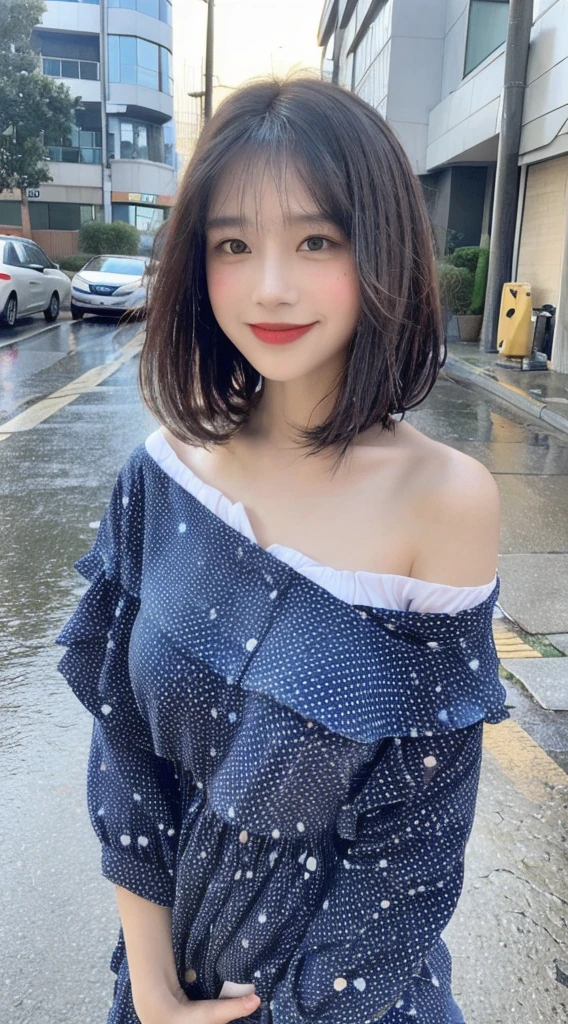 ((Best Quality, 8K, Masterpiece:1.3)), Focus:1.2, Perfect Body Beauty:1.4, Buttocks:1.2, ((Layered Haircut, Breasts:1.2)), (Wet Clothes:1.1) , (Rain, Street:1.3), Bandeau Dress: 1.1, Highly Detailed Face and Skin Texture, Fine Eyes, Double Eyelids, Whitening Skin, Long Hair, (Shut Up: 1.3), Smile, Pointillism Technique, 
(vibrant dots):1.2, 
optical mixing, playful patterns, 
lively texture, rich colors, 
unique visual effect,39 year old