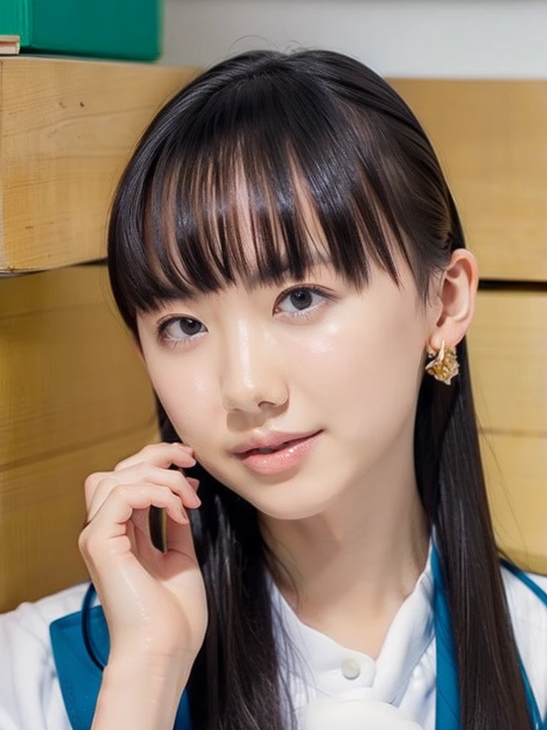 slender girl, (make up:1.1), (ニットセーター:1.2), small breasts, at school room, (upper body shot:1.1), cowboy shot
