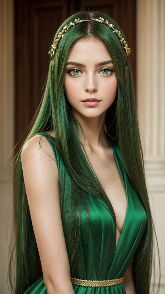 Greek goddess.  face sent feeling.  Europe.  Oval face.  long face.  delicate facial features.  sad eyes.  seductively seductive.  green eyes.  long straight hair.  green hair.  Chiton dresses