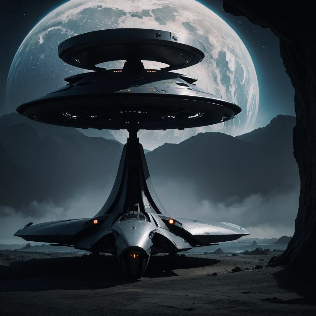 (Best Quality) Futuristic alien ship landing on a planet with dark color palette