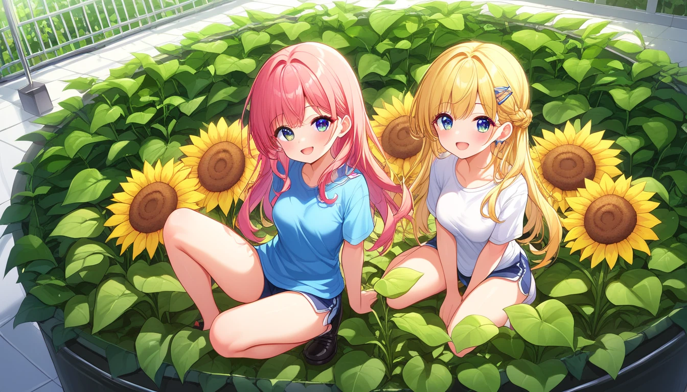 ((multiple girls:1.3)), ((tshirt:1.3)), ((greenhouse:1.3)), full body, smiling sunflower, ((moe style:1.3)), ((perfect face)), ((extremely cute:1.3)), ((masterpiece:1.3)), ((8k)), ((best quality:1.3)), ((beautiful)), ((extremely detailed:1.3)) , ((absurdres)), AddXL, ((score_9:1.3)), ((score_8_up:1.3)), ((score_7_up:1.3)), Expressiveh