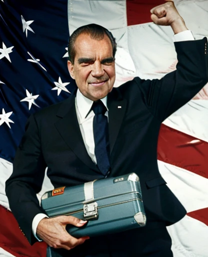 Richard nixon Opening a suitcase full of money, gta 5 style, he is holding a fist up in air over his head, dollar bills, usa flag, ps2 cover gta style, ps2 dvd case, suitcase of money