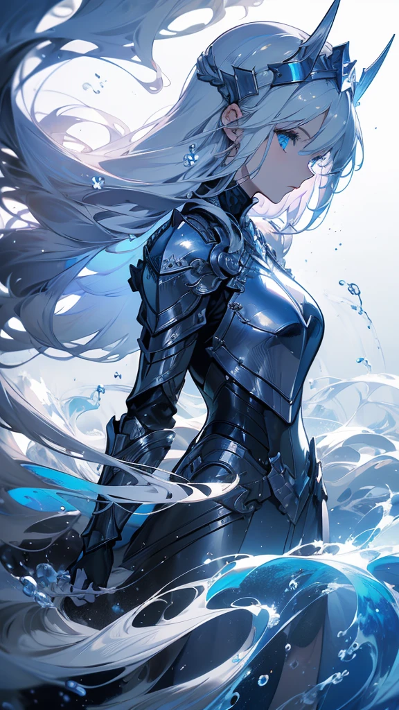 ((masterpiece, best quality)), Epic battlefield atmosphere,Water Ripples,Delicate face,Pure white background,Depicts a beautiful knight with long hair, Flowing white hair,whole body,Standing picture,Shining blue eyes,She was wearing white armor,Perfect body proportions