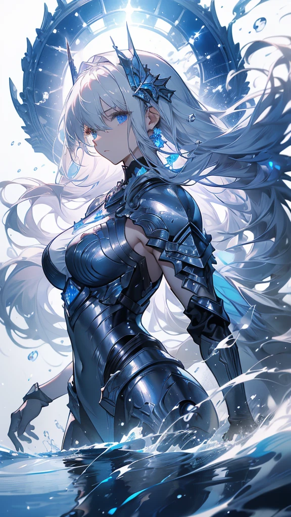 ((masterpiece, best quality)), Epic battlefield atmosphere，Water Ripples，Delicate face，Pure white background，Depicts a beautiful knight with long hair, Flowing white hair，whole body，Standing picture，Shining blue eyes，She was wearing white armor，Perfect body proportions