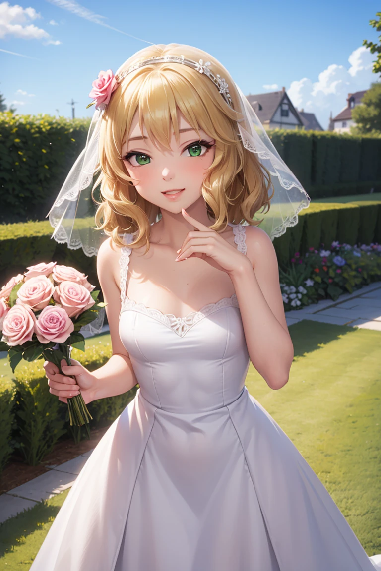 masterpiece,Highest quality, Very detailed,One Girl(Sakurai Momoka, Adorable little breasts, Wavy Hair, blonde, head band, Pink flower in hair,Green Eyes), A face in love,  Cute Smile, Release your lips, nose blush, blush, In-person audience , View your audience, Tilt your head, alone,  White Wedding Dress, Frills, Veil,  Grab a bouquet,  in the garden, Are standing, Seduce your sexy waist 