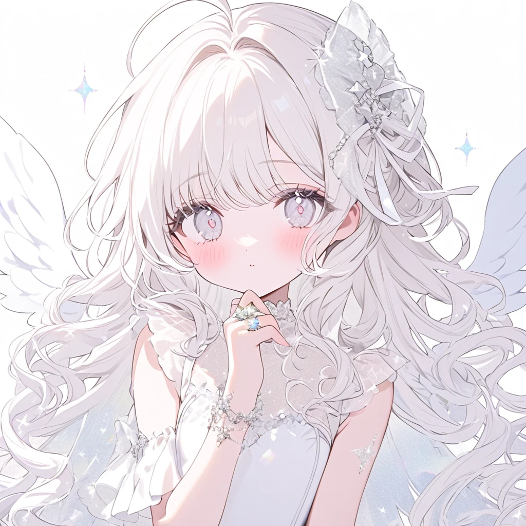 White Angel, White ribbon, pastel White angel ring, white one-piece,white and angel wings, cute white background ,White long Curl hair,glitter White eyes