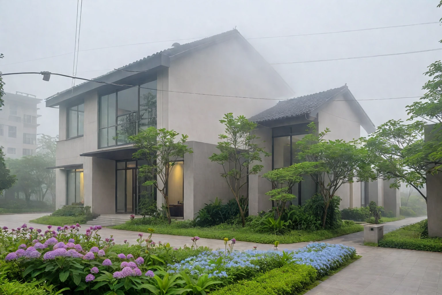 RAW photo, Exterior of modern villa, garden, zutuan,yuanlin,flower,Early morning,fog,nohumans,scenery,tree,field,plant,bushhydrangea,scenery,flower field,naturepath,daisy,day,road,purple flower,highcontrast, (road:1.3), (sidewalk:1.3), (sidewalk trees:1.3), (residences area:1.4), dawn time, overcast, fog, tropical trees and plants, (high detailed:1.2), 8k uhd, dslr, soft lighting, high quality, film grain, Fujifilm XT3, (sharpen:1.5)
