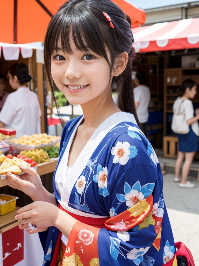 Super cute Japanese girl、Wearing a yukata in front of a summer festival food stall、かき氷、smile