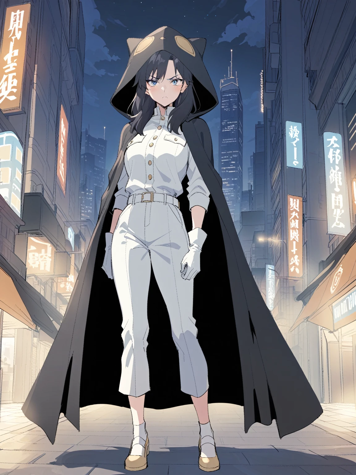 {{full body}} {{Artist: sincos}} 1girl, mature female, blue eyes, medium length black hair, white jumpsuit with golden buttons, black hood over head, white belt, black cape, white gloves, serious expression, outdoors, night, city